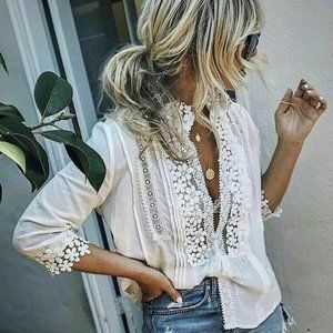 New Feminine White Lace Button Front Blouse Top